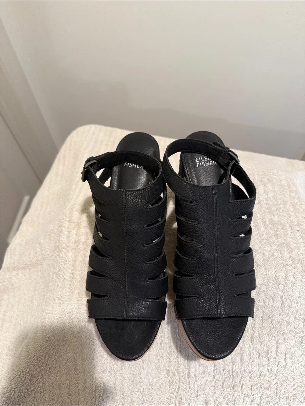 Eileen Fisher Black Leather Strappy Wood Wedge Sandals Summer Formal Wedding 10